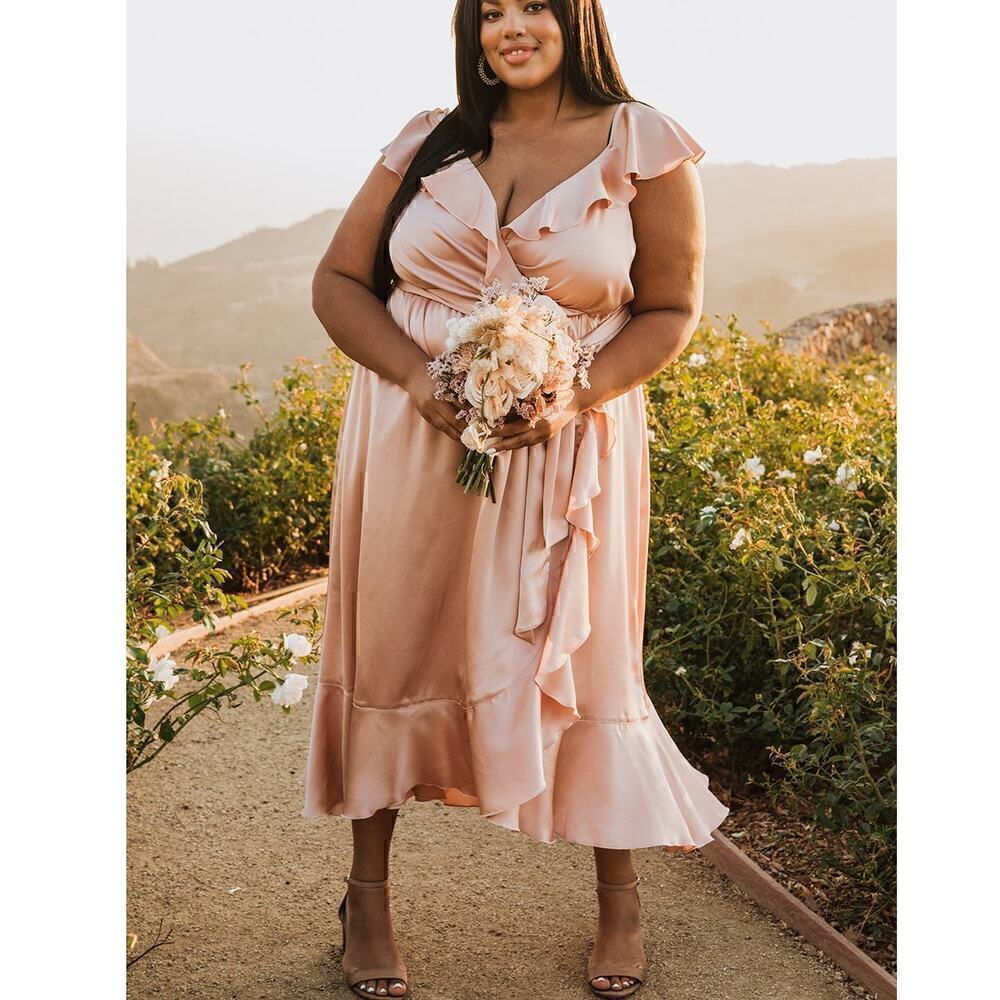 Show Me Your MuMu Blush Pink Satin Ruffle Midi Dress